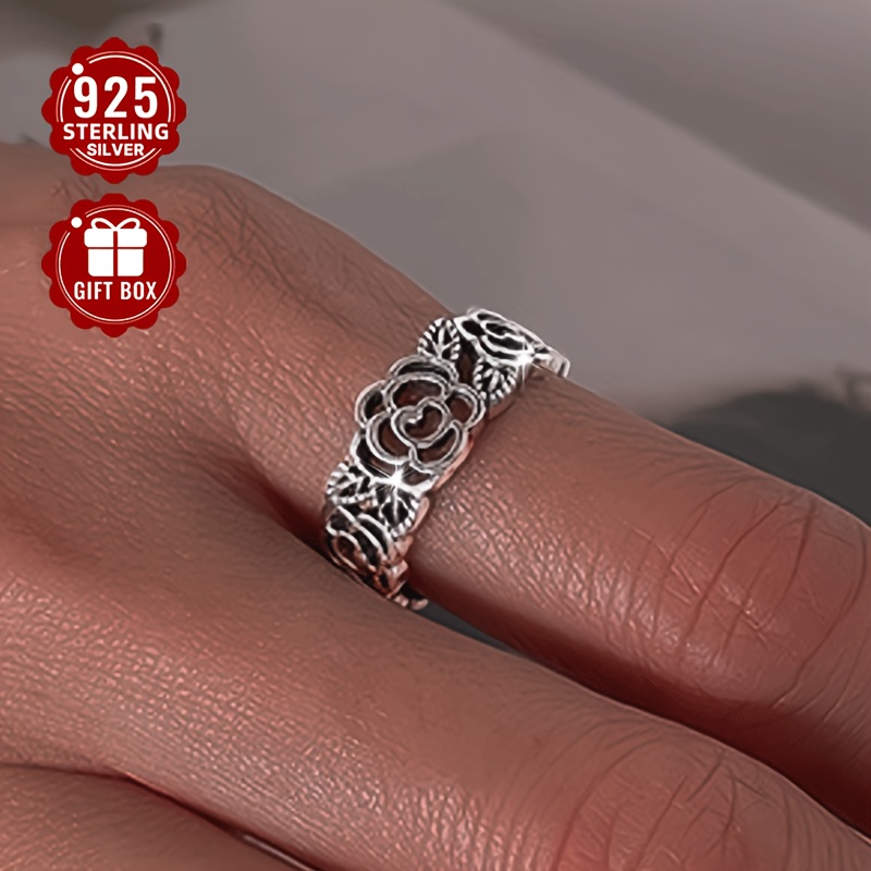 5g Sterling Silver Rose Ring Retro Ethnic Style Hollow Flower Ring